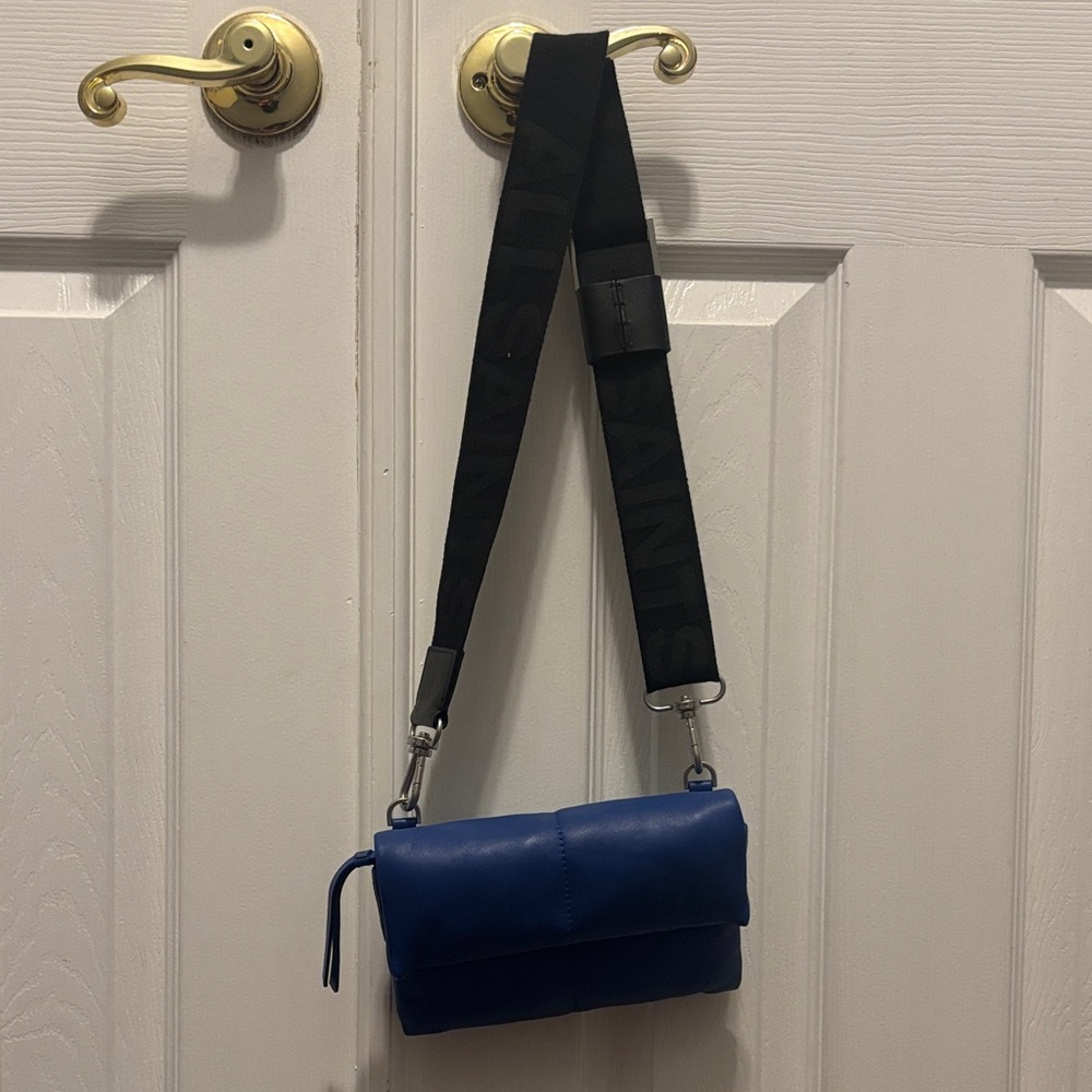 All Saints Compact Cobalt Leather Crossbody with Wide Strap